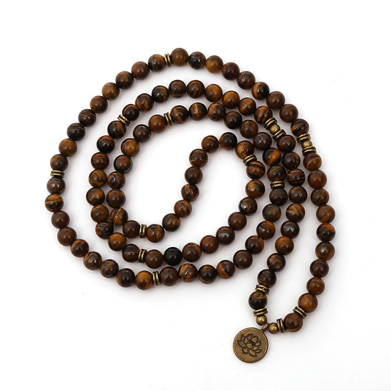 8mm Tiger Eye Stone Beads Strand Charm Chakra Bracelet or Necklace Yoga Lotus OM Buddha 108 Mala Bracelet for Men Women