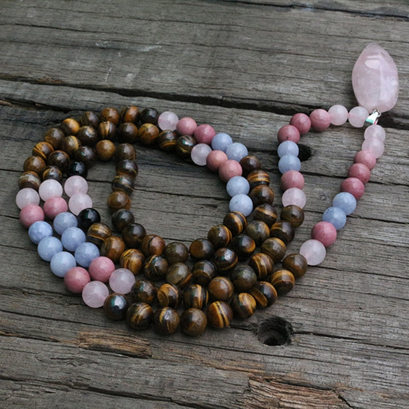 8mm Tiger's Eye And Rhodochrosite JaPaMala Beads Necklace, Long Nacklace, 108 Bead Mala, Mala Jewelry, Yoga Class Prayer Jewelry