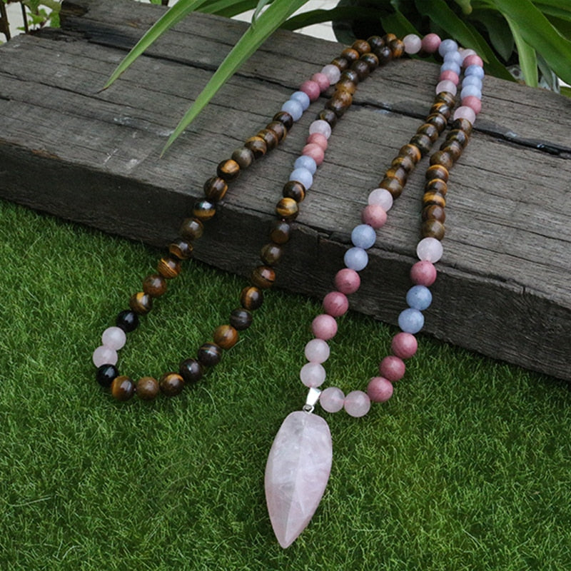 8mm Tiger's Eye And Rhodochrosite JaPaMala Beads Necklace, Long Nacklace, 108 Bead Mala, Mala Jewelry, Yoga Class Prayer Jewelry