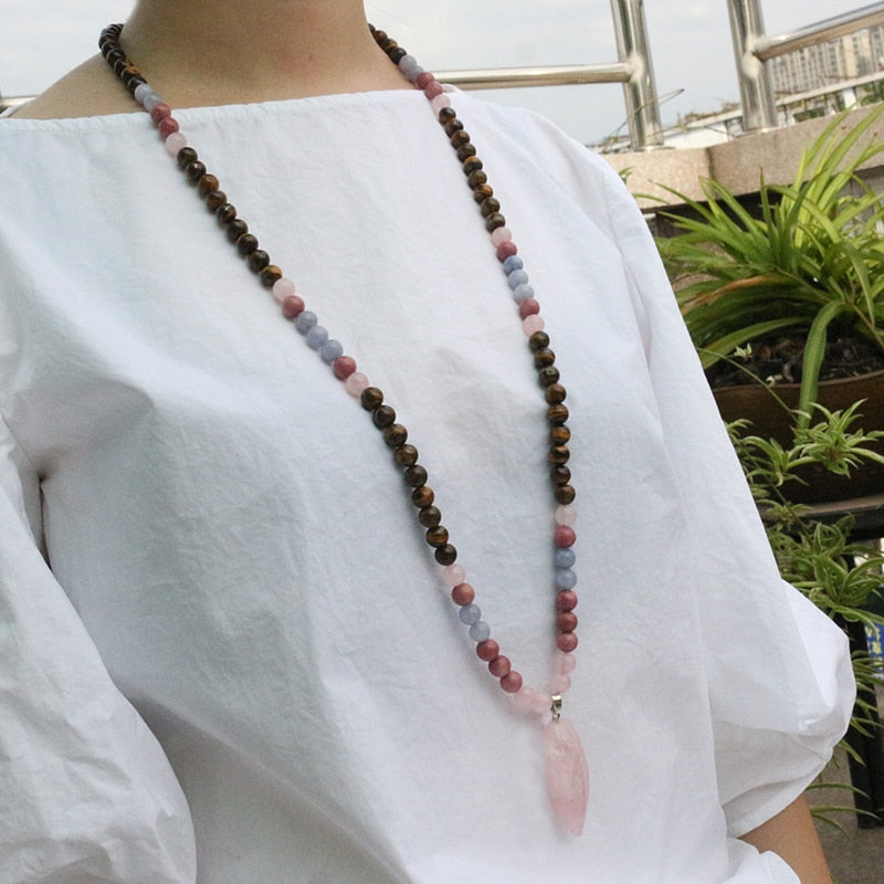 8mm Tiger's Eye And Rhodochrosite JaPaMala Beads Necklace, Long Nacklace, 108 Bead Mala, Mala Jewelry, Yoga Class Prayer Jewelry