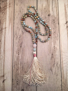 Aqua Terra Jaspers Hand Knotted Necklace 108 Mala Bead Necklace Tassel Necklaces Yoga Mala meditation Jewelry Prayer Necklaces
