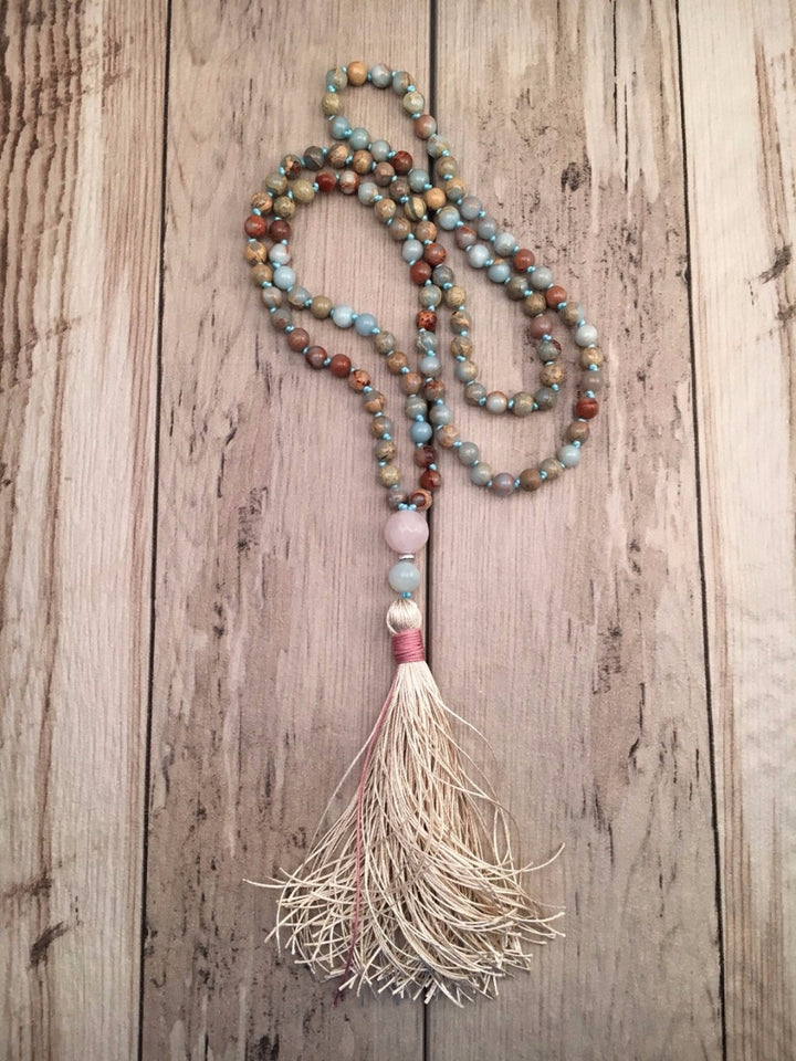 Aqua Terra Jaspers Hand Knotted Necklace 108 Mala Bead Necklace Tassel Necklaces Yoga Mala meditation Jewelry Prayer Necklaces