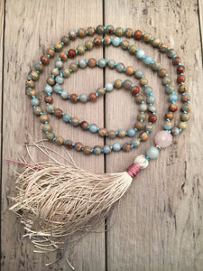 Aqua Terra Jaspers Hand Knotted Necklace 108 Mala Bead Necklace Tassel Necklaces Yoga Mala meditation Jewelry Prayer Necklaces