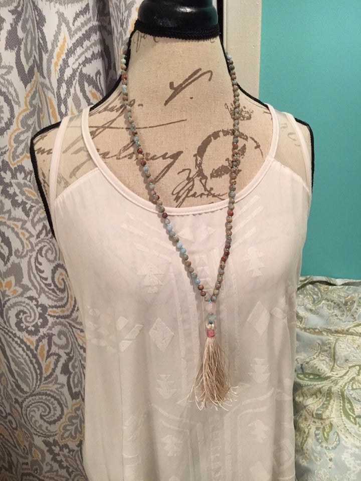 Aqua Terra Jaspers Hand Knotted Necklace 108 Mala Bead Necklace Tassel Necklaces Yoga Mala meditation Jewelry Prayer Necklaces