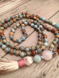 Aqua Terra Jaspers Hand Knotted Necklace 108 Mala Bead Necklace Tassel Necklaces Yoga Mala meditation Jewelry Prayer Necklaces
