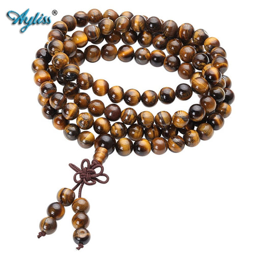 Ayliss 6/8mm 108 Beads Natural Tiger eye Stone Strand Bracelets Bangles or Necklace for Men Women Gift