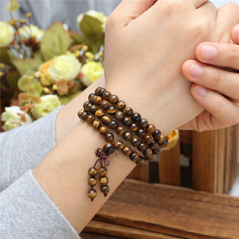 Ayliss 6/8mm 108 Beads Natural Tiger eye Stone Strand Bracelets Bangles or Necklace for Men Women Gift