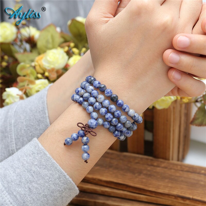 Ayliss Hot 6mm 8mm Natural Sodalite Stone Healing Gem Stone 108 Buddhist Prayer Beads Tibetan Mala Stretch Bracelet Necklace 1pc
