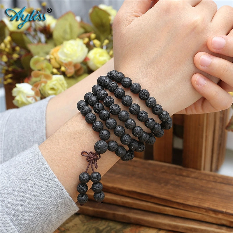 Ayliss Hot Trendy Lava Stone 6mm/8mm 108 beads Bracelets Healing Balance Reiki Buddha Prayer Bracelet for Men Women Jewelry