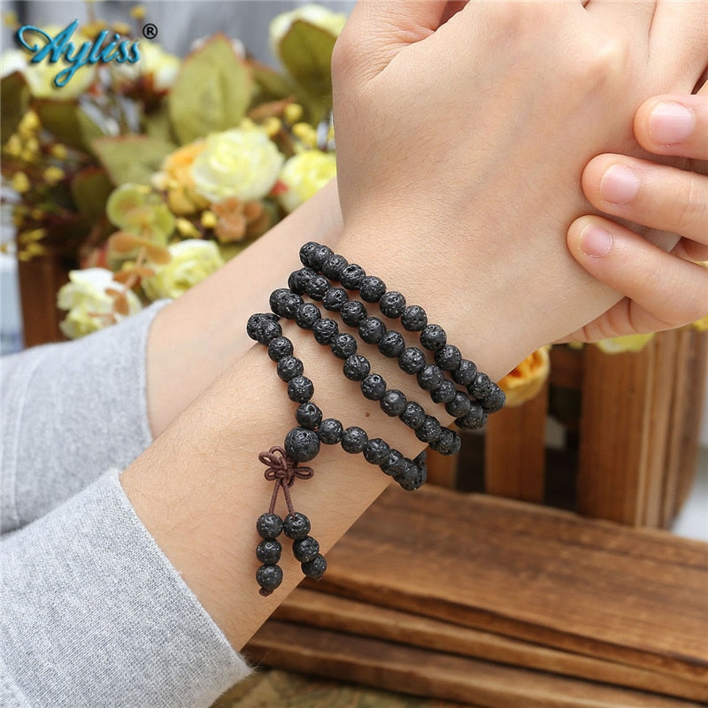 Ayliss Hot Trendy Lava Stone 6mm/8mm 108 beads Bracelets Healing Balance Reiki Buddha Prayer Bracelet for Men Women Jewelry