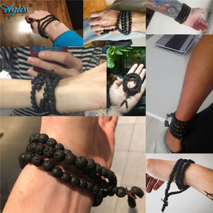 Ayliss Hot Trendy Lava Stone 6mm/8mm 108 beads Bracelets Healing Balance Reiki Buddha Prayer Bracelet for Men Women Jewelry