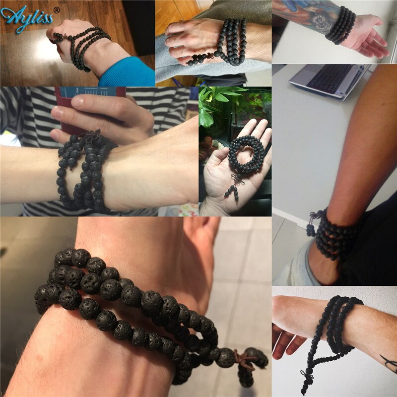 Ayliss Hot Trendy Lava Stone 6mm/8mm 108 beads Bracelets Healing Balance Reiki Buddha Prayer Bracelet for Men Women Jewelry
