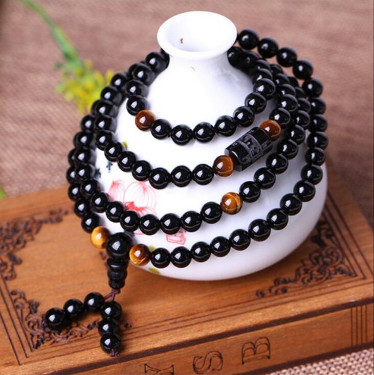 Black 108 Prayer Beads Tiger Eye Stone Bracelet Necklace Crystal Strand Mala Rosary Buddhist Buddha Lover Lucky Amulet Jewelry