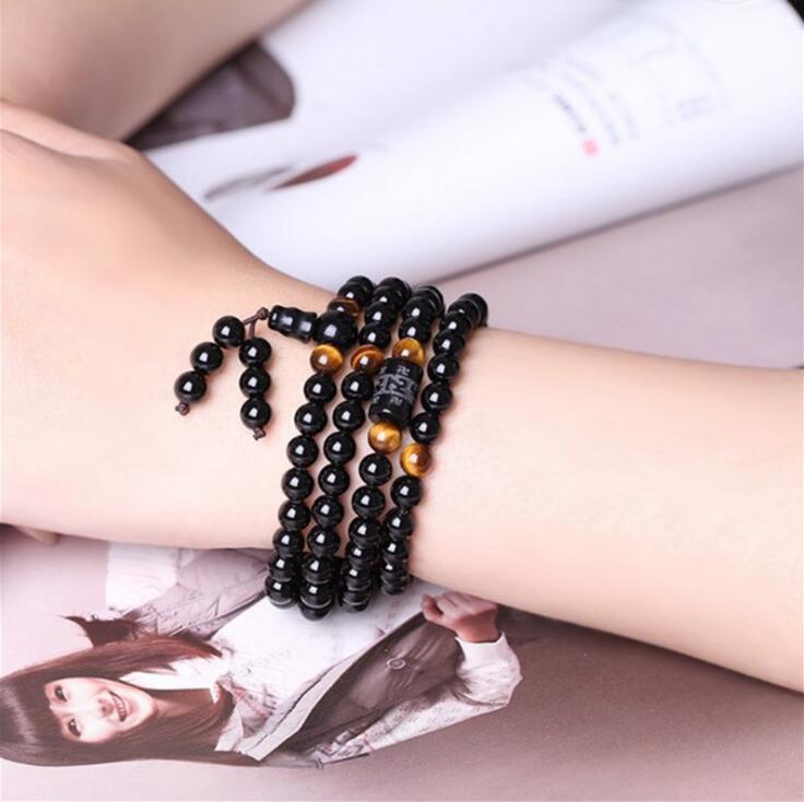 Black 108 Prayer Beads Tiger Eye Stone Bracelet Necklace Crystal Strand Mala Rosary Buddhist Buddha Lover Lucky Amulet Jewelry