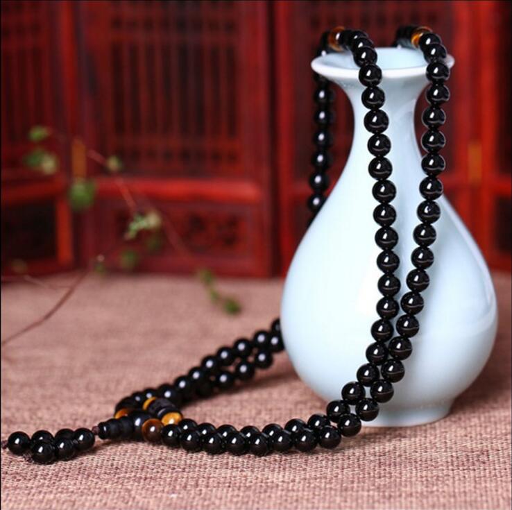 Black 108 Prayer Beads Tiger Eye Stone Bracelet Necklace Crystal Strand Mala Rosary Buddhist Buddha Lover Lucky Amulet Jewelry