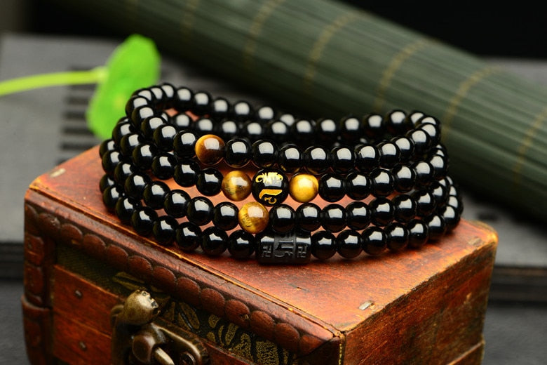 Black 108 Prayer Beads Tiger Eye Stone Bracelet Necklace Crystal Strand Mala Rosary Buddhist Buddha Lover Lucky Amulet Jewelry