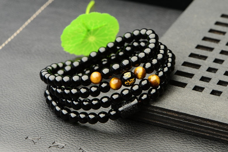 Black 108 Prayer Beads Tiger Eye Stone Bracelet Necklace Crystal Strand Mala Rosary Buddhist Buddha Lover Lucky Amulet Jewelry