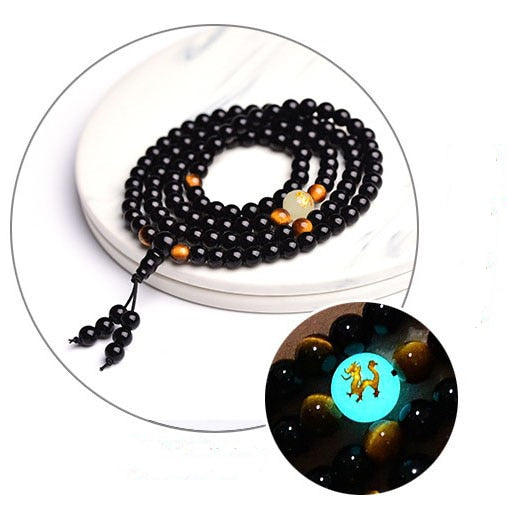 Black Buddha Beads Bangles & Bracelets 108 Beads Guru Handmade Jewelry Ethnic Glowing in the Dark Bracelet for Women or Men