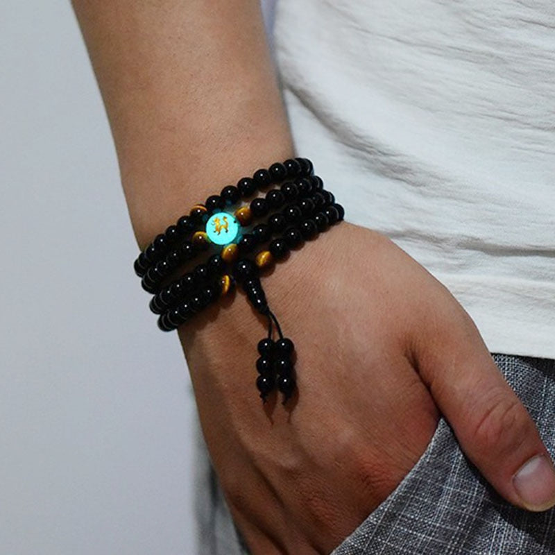 Black Buddha Beads Bangles & Bracelets 108 Beads Guru Handmade Jewelry Ethnic Glowing in the Dark Bracelet for Women or Men