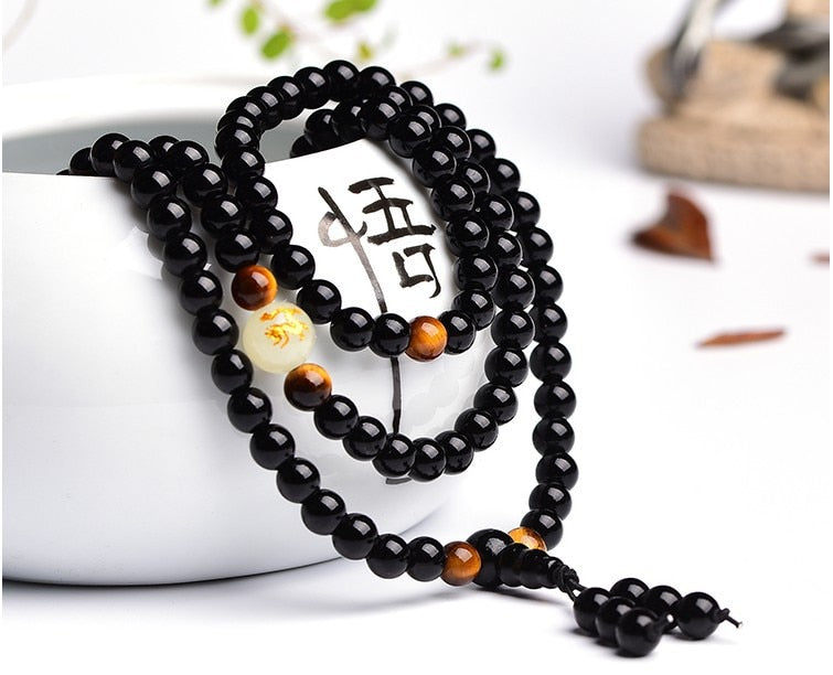 Black Buddha Beads Bangles & Bracelets 108 Beads Guru Handmade Jewelry Ethnic Glowing in the Dark Bracelet for Women or Men