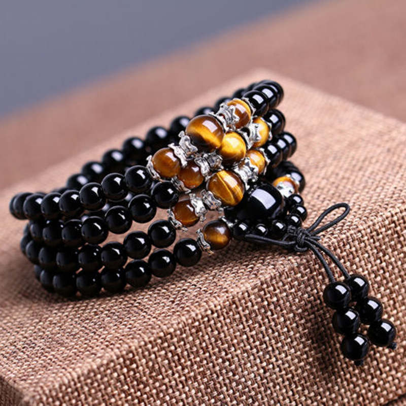 Black Color Tiger Eye Bracelet 108 Crystal Prayer Bead Mala Bracelet/Necklace Tibet Buddhist Buddha Meditation Bracelet