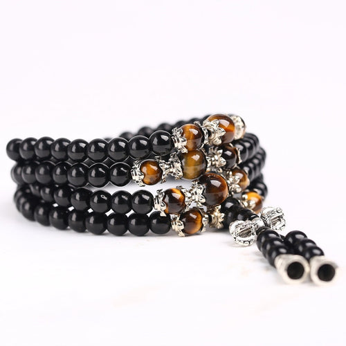 Black Color Tiger Eye Crystal Tibet Buddhist Buddha Meditation 108 Prayer Bead Mala Bracelet/Necklace