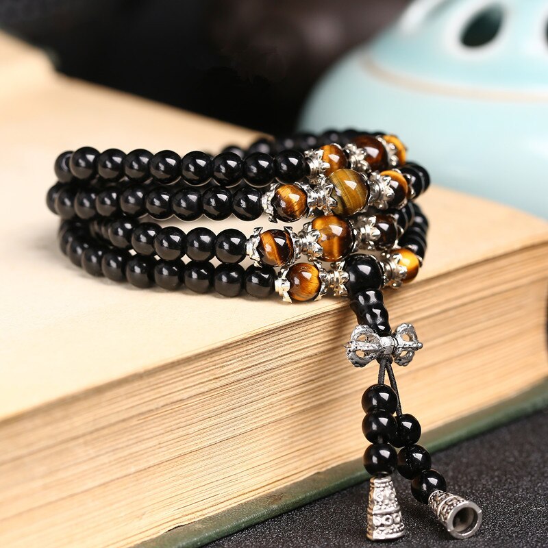Black Color Tiger Eye Crystal Tibet Buddhist Buddha Meditation 108 Prayer Bead Mala Bracelet/Necklace