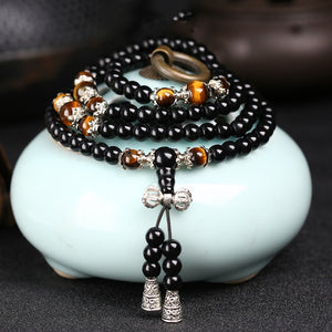 Black Color Tiger Eye Crystal Tibet Buddhist Buddha Meditation 108 Prayer Bead Mala Bracelet/Necklace