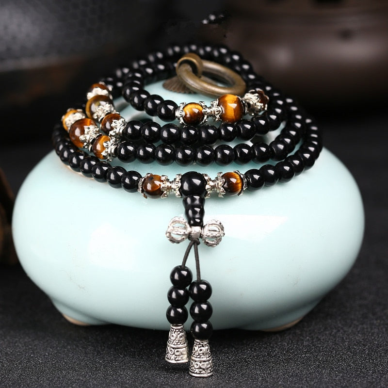 Black Color Tiger Eye Crystal Tibet Buddhist Buddha Meditation 108 Prayer Bead Mala Bracelet/Necklace