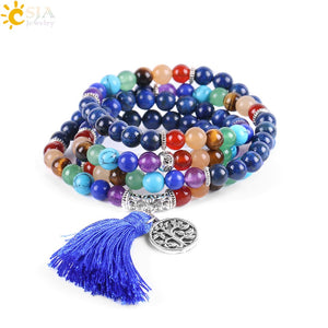 CSJA 7 Chakra Multilayer Charms Bracelets Jewelry Lapis Lazuli 108 Mala Prayer Beads Reiki Healing Yoga Meditation Power E660