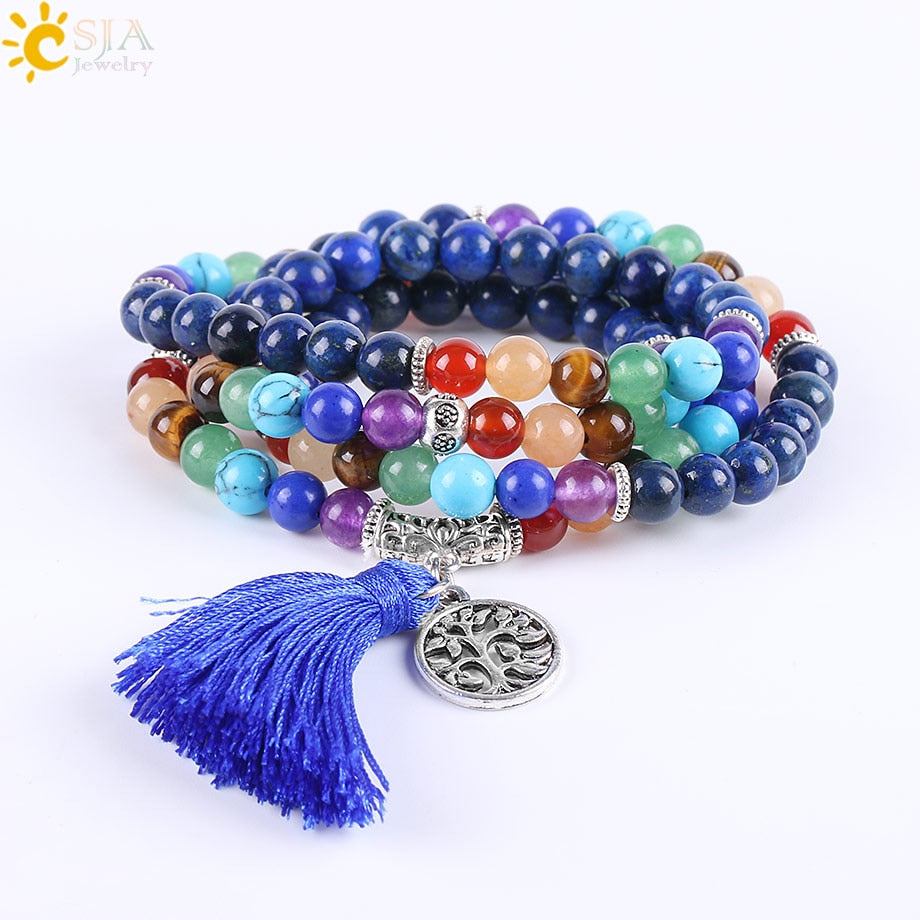 CSJA 7 Chakra Multilayer Charms Bracelets Jewelry Lapis Lazuli 108 Mala Prayer Beads Reiki Healing Yoga Meditation Power E660