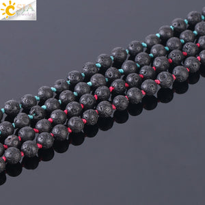 CSJA Natural Lava Rock Necklace 108 Mala Bead 6mm Knotted Long Tassel Necklaces Buddhist Vajra Bodhi Bohemian Style Jewelry F373
