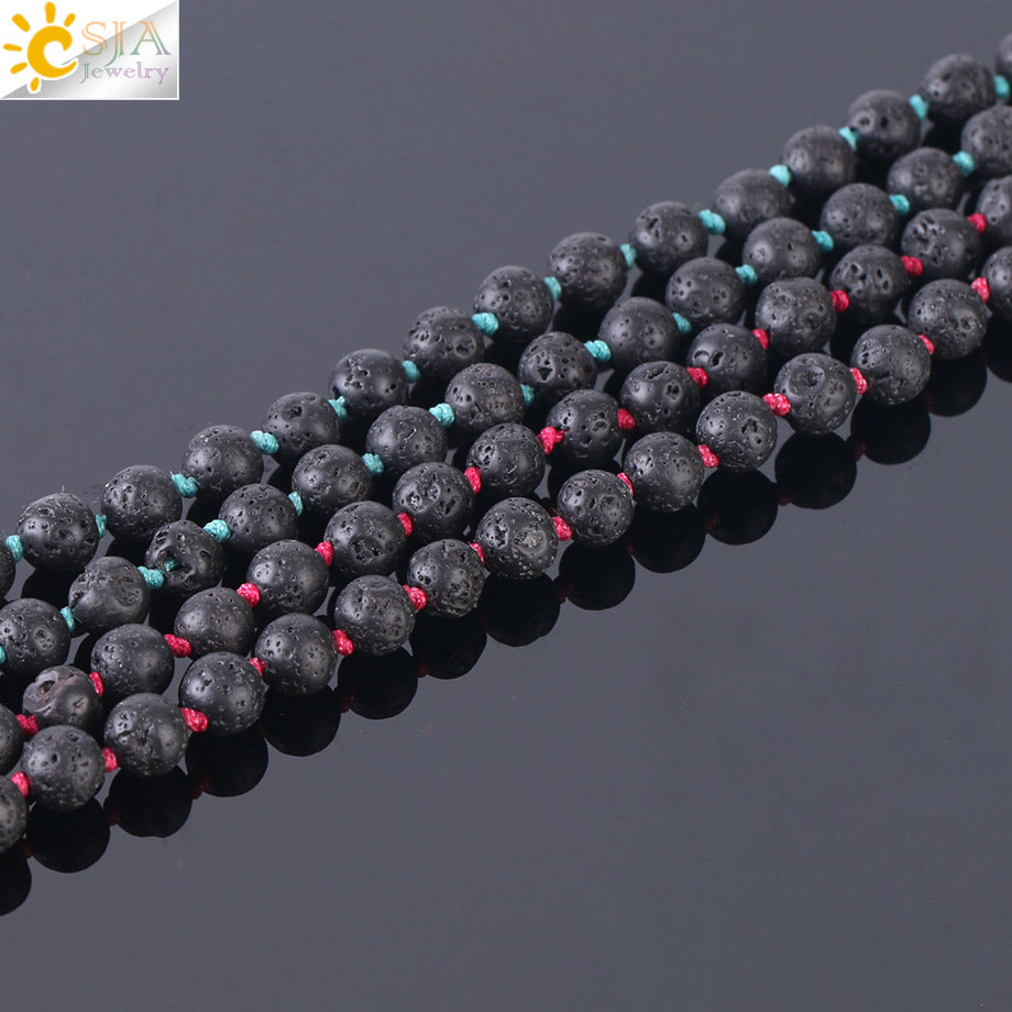 CSJA Natural Lava Rock Necklace 108 Mala Bead 6mm Knotted Long Tassel Necklaces Buddhist Vajra Bodhi Bohemian Style Jewelry F373