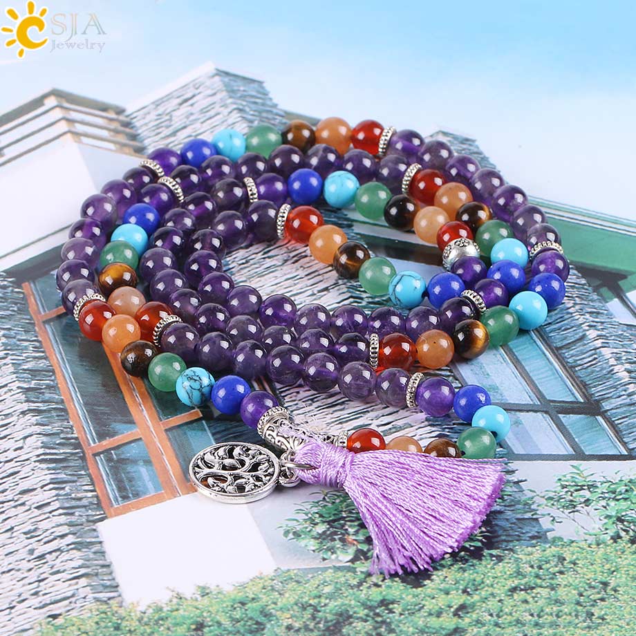 CSJA Reiki Natural 7 Chakra Multi-layer Yoga Charms Bracelets Women Purple Quartz 108 Mala Beads Meditation Healing Tassel E655