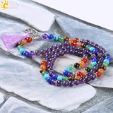 CSJA Reiki Natural 7 Chakra Multi-layer Yoga Charms Bracelets Women Purple Quartz 108 Mala Beads Meditation Healing Tassel E655