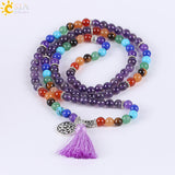 CSJA Reiki Natural 7 Chakra Multi-layer Yoga Charms Bracelets Women Purple Quartz 108 Mala Beads Meditation Healing Tassel E655