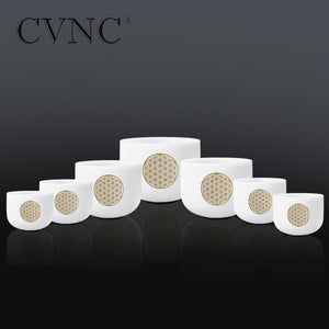 CVNC 6-12'' Set of 7pcs  Frosted Quartz Crystal Singing Bowl with Flower of life