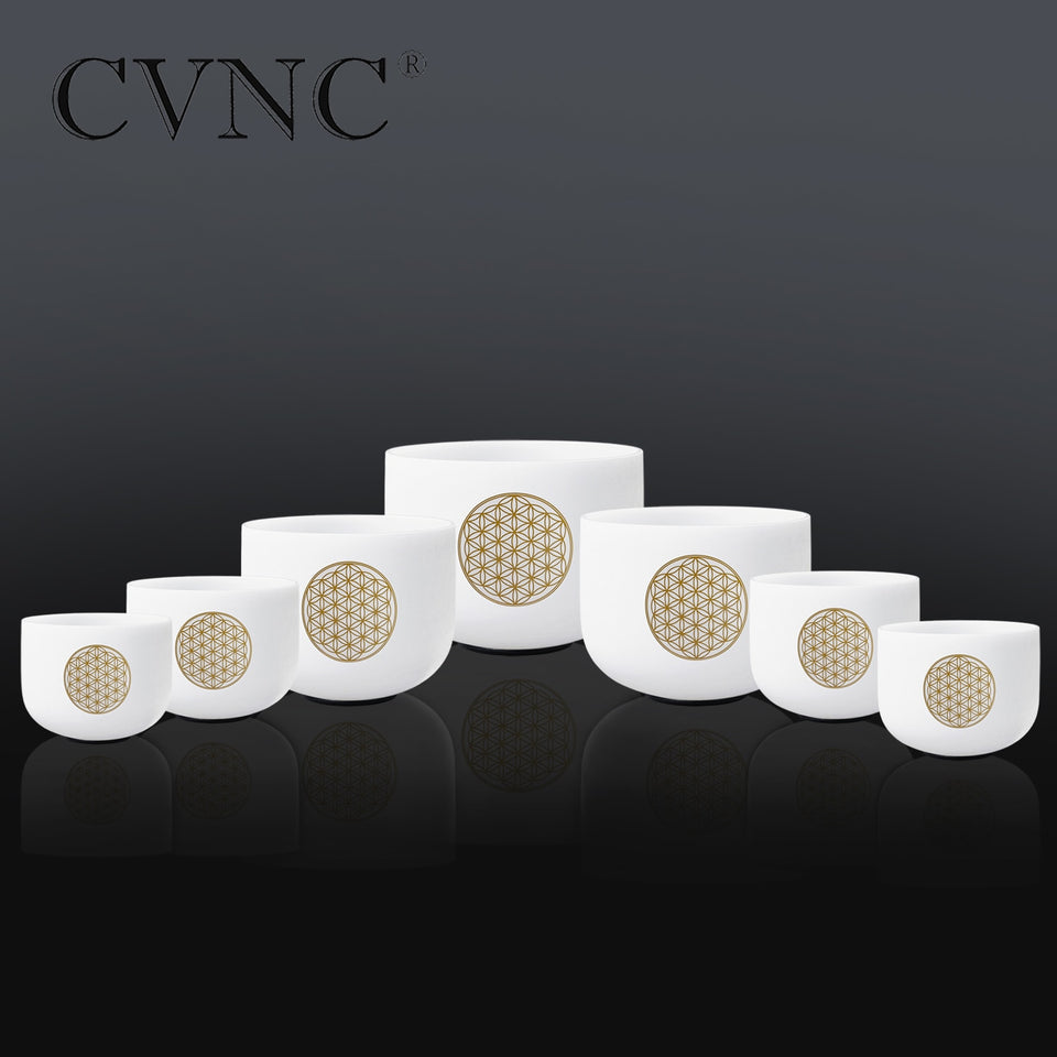 CVNC 6-12'' Set of 7pcs  Frosted Quartz Crystal Singing Bowl with Flower of life