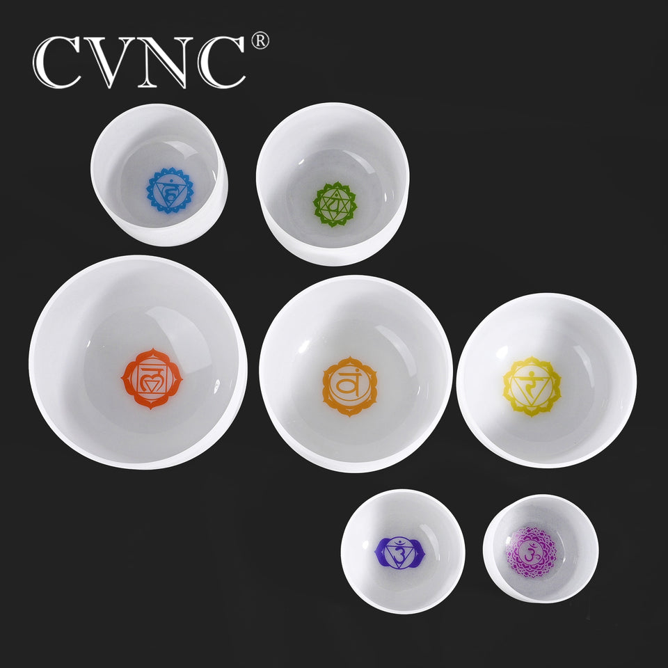 CVNC Chakra design set of 7 PCS 6''-12'' Note CDEFGAB Frosted Quartz Crystal Singing Bowl