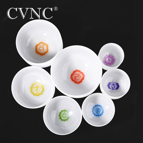 CVNC Chakra design set of 7 PCS 6''-12'' Note CDEFGAB Frosted Quartz Crystal Singing Bowl