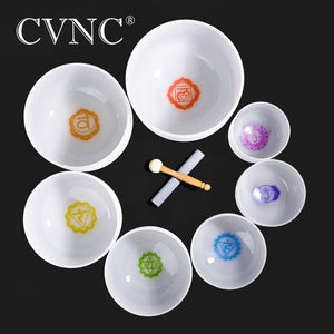 CVNC Chakra design set of 7 PCS 6''-12'' Note CDEFGAB Frosted Quartz Crystal Singing Bowl