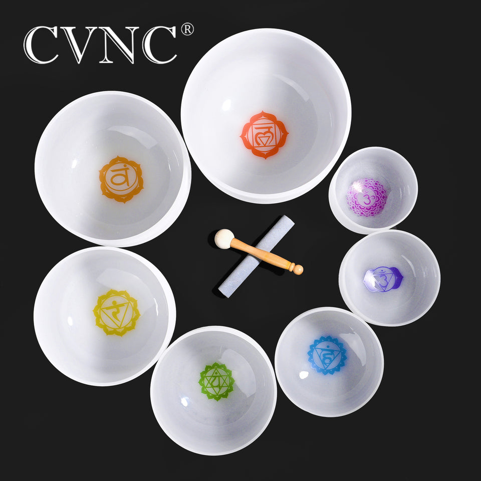 CVNC Chakra design set of 7 PCS 6''-12'' Note CDEFGAB Frosted Quartz Crystal Singing Bowl