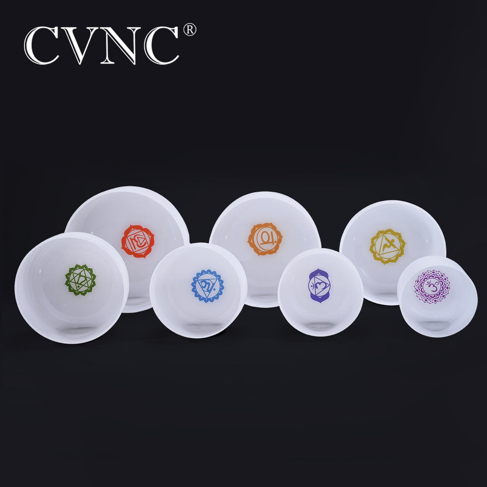 CVNC Chakra design set of 7 PCS 6''-12'' Note CDEFGAB Frosted Quartz Crystal Singing Bowl