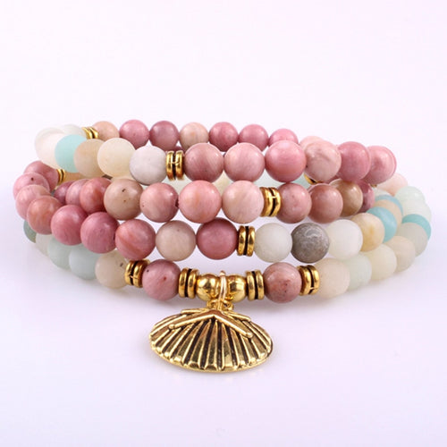 Buddhist Reiki Multicolor Amazonite Shell Charm Bracelet Natural Stone 108 Mala Beads Bracelet Necklace For Women