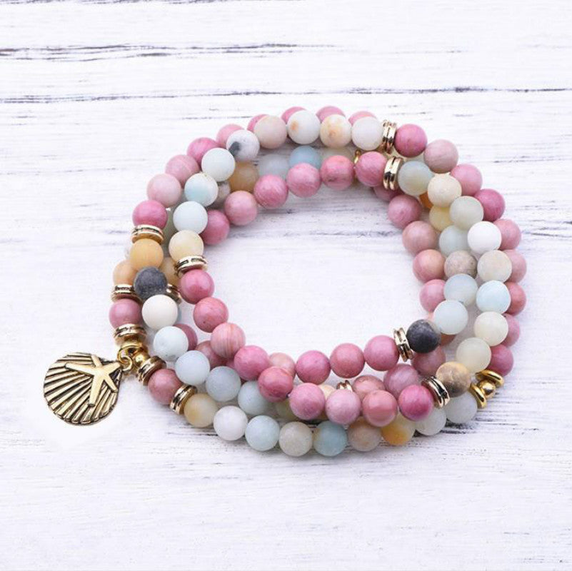 Buddhist Reiki Multicolor Amazonite Shell Charm Bracelet Natural Stone 108 Mala Beads Bracelet Necklace For Women