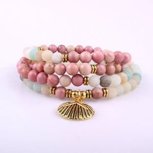 Buddhist Reiki Multicolor Amazonite Shell Charm Bracelet Natural Stone 108 Mala Beads Bracelet Necklace For Women