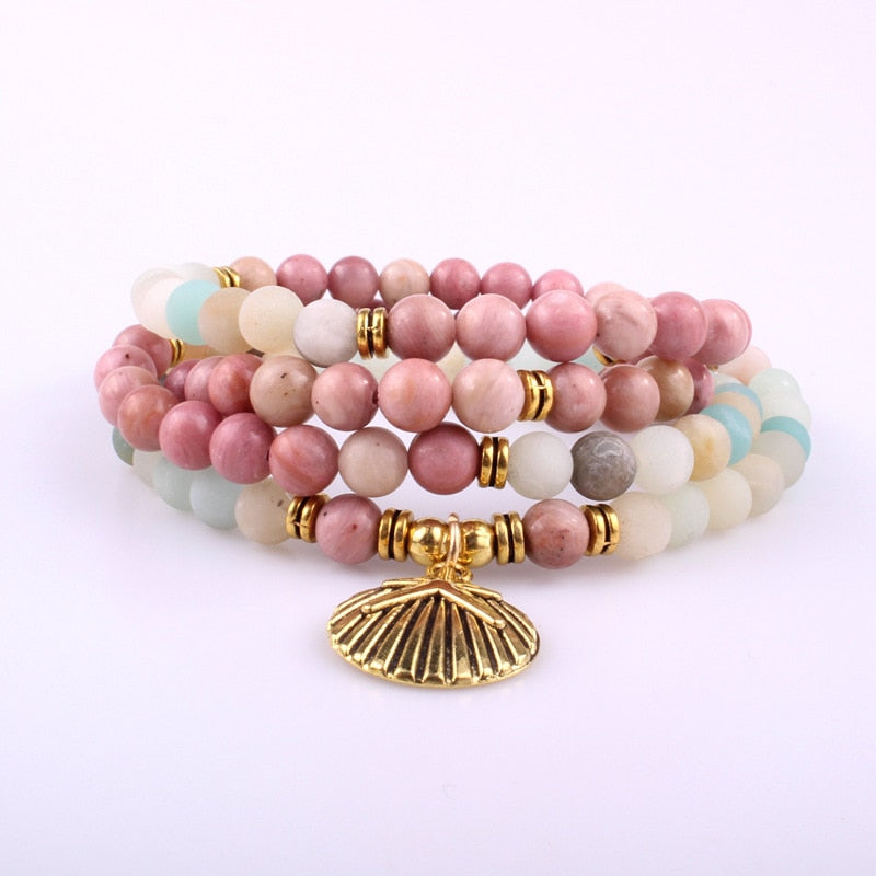 Buddhist Reiki Multicolor Amazonite Shell Charm Bracelet Natural Stone 108 Mala Beads Bracelet Necklace For Women