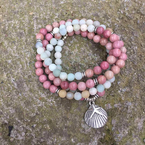 Buddhist Reiki Multicolor Amazonite Shell Charm Bracelet Natural Stone 108 Mala Beads Bracelet Necklace For Women