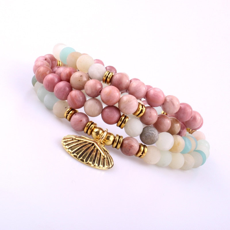 Buddhist Reiki Multicolor Amazonite Shell Charm Bracelet Natural Stone 108 Mala Beads Bracelet Necklace For Women