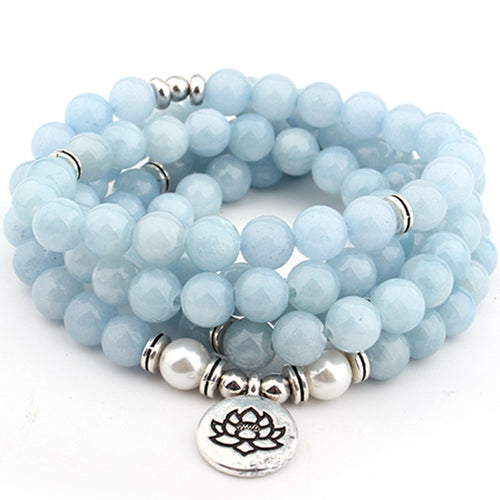 Drop Shipping 2018 New Fashion 108 Mala Beads Sky Blue lotus Strand Bracelet Yoga Bracelet Necklace For Women Jewelry